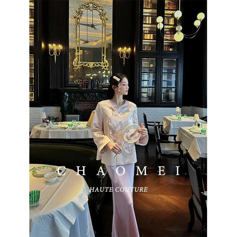 冯（CHAOMEI【花莹】新中式国风女装高级感轻奢醋酸绣花外套醋酸半裙