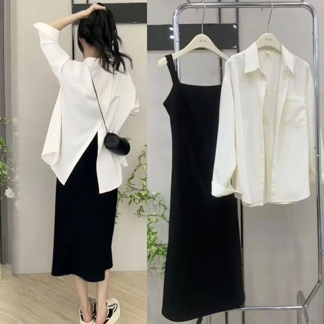 2025早春慵懒风大码设计感开叉衬衣女衬衫外套中长款吊带裙两套装
