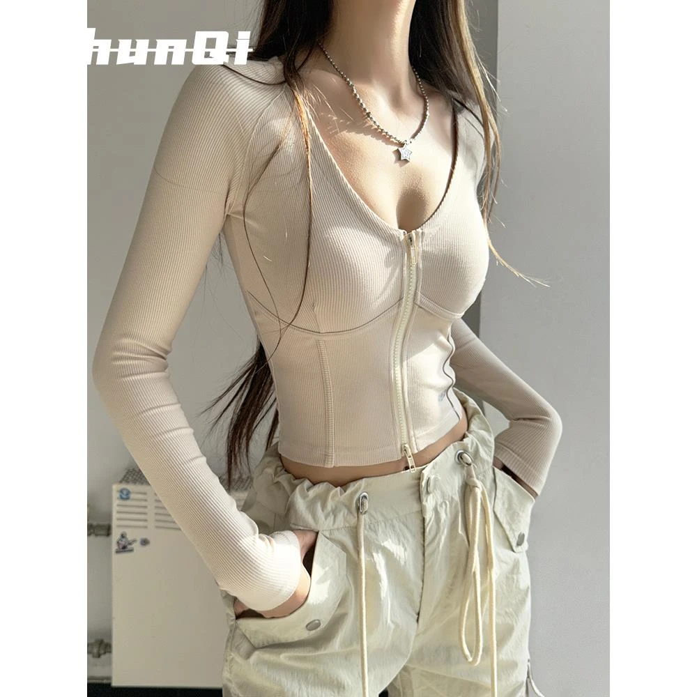 维多利亚瑜伽服拉链运动上衣鱼骨修身女显瘦性感U领跑步健身长袖