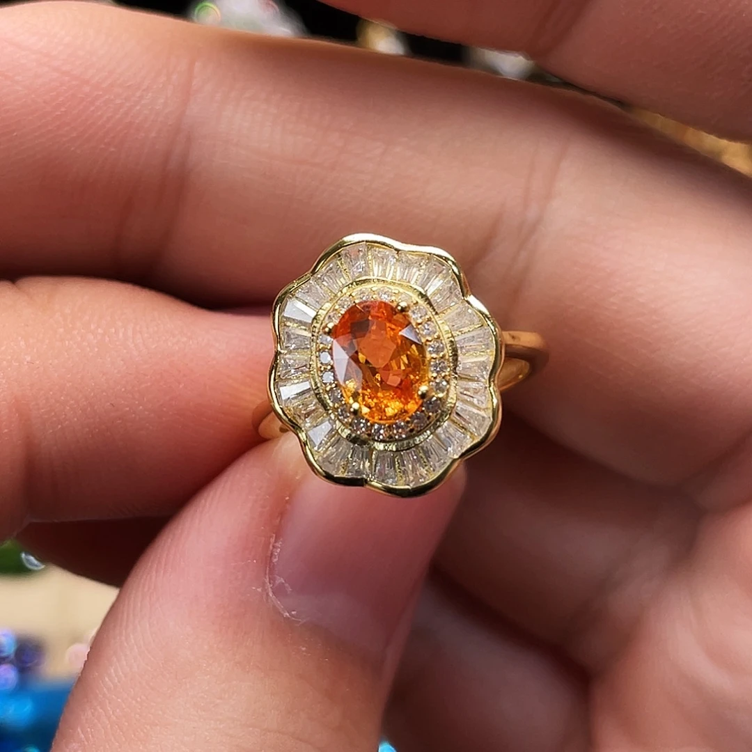 戒指石榴石（芬达石）银S925镀金镶嵌