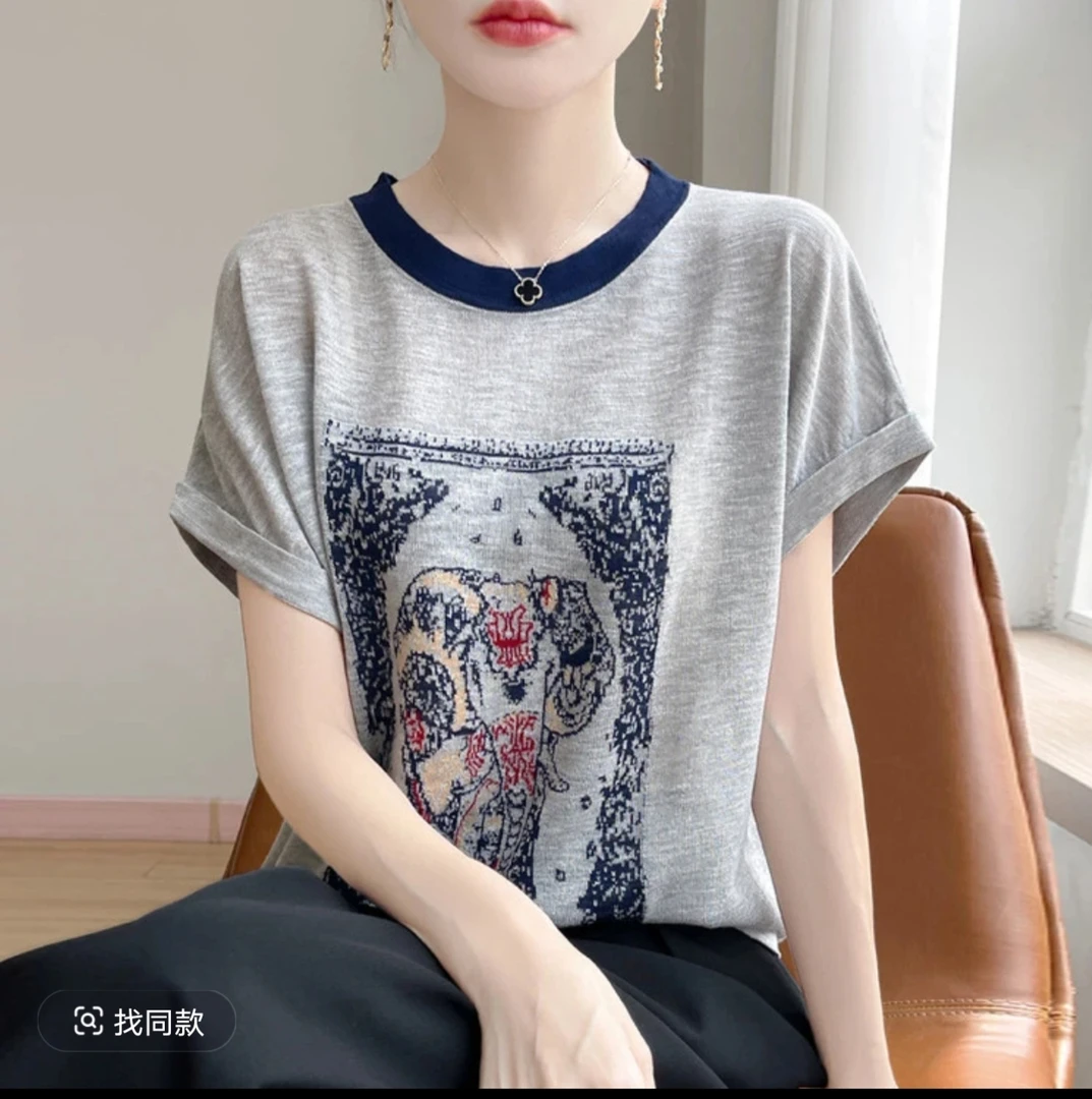 休闲夏季宽松型凉感竹节棉女T恤夏装大码常规圆领圆领显瘦洋气667