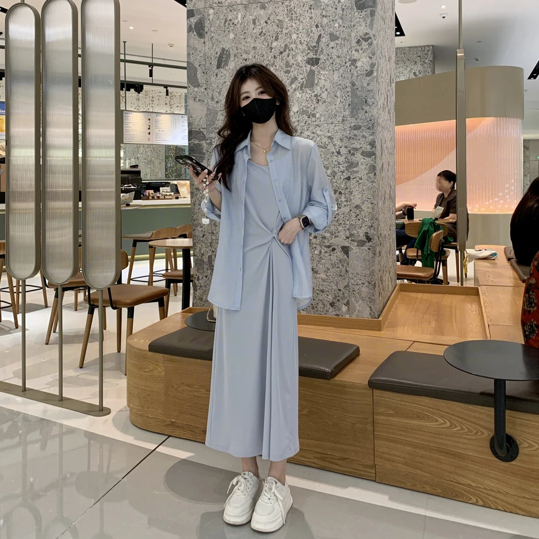 【周末出游】2025设计师新款新中式防晒衬衫+吊带连衣裙套装TZ1715