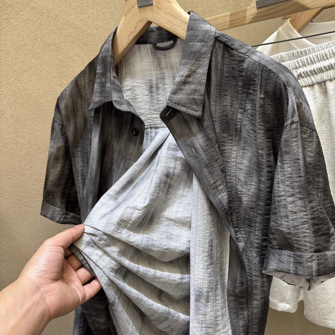 老钱风 松弛感！84.5%莱赛尔！腔调拉满！高级皱！男士短袖衬衫衬衣