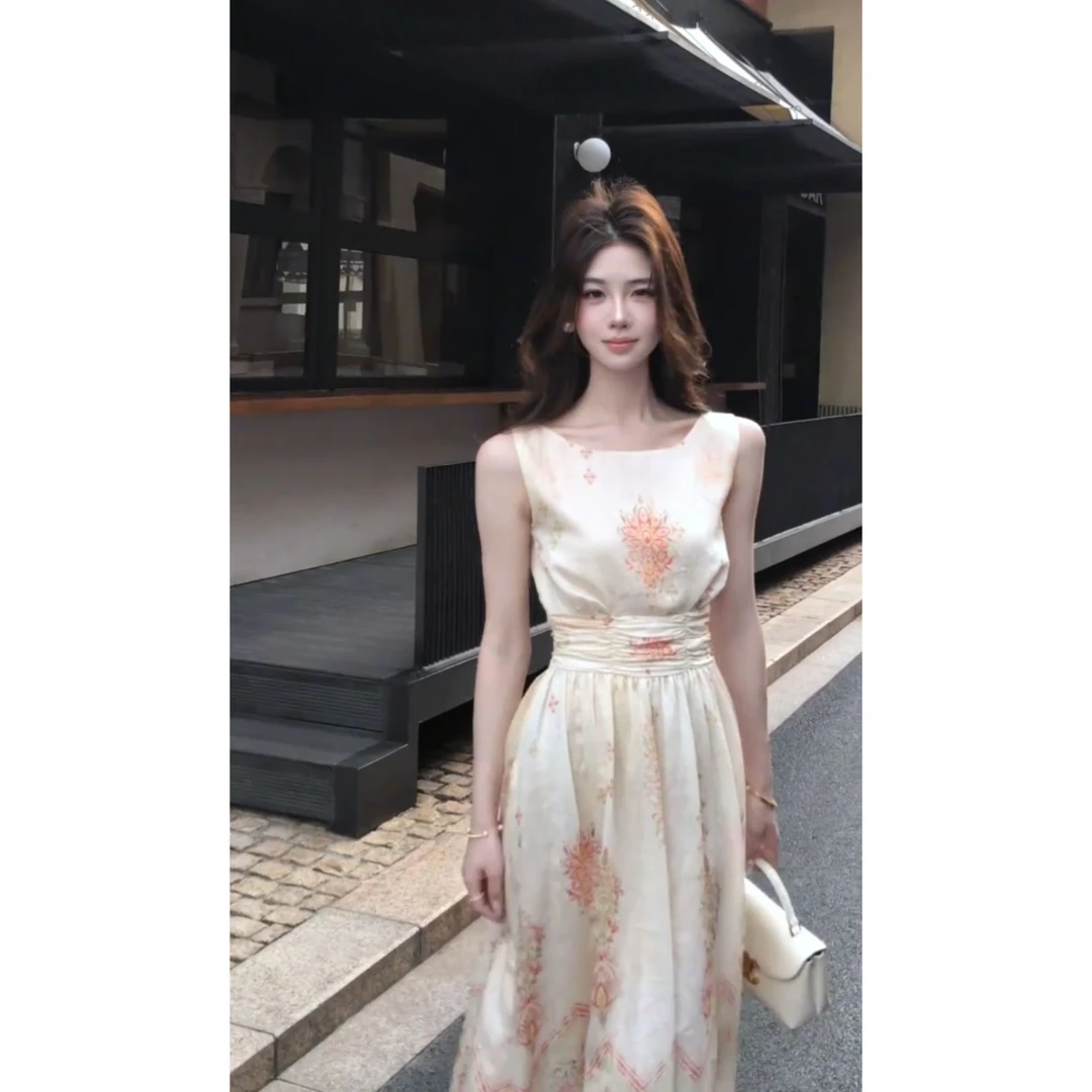 parkyeon法式绝美帝政裙无袖碎花吊带连衣裙女温柔气质收腰长裙