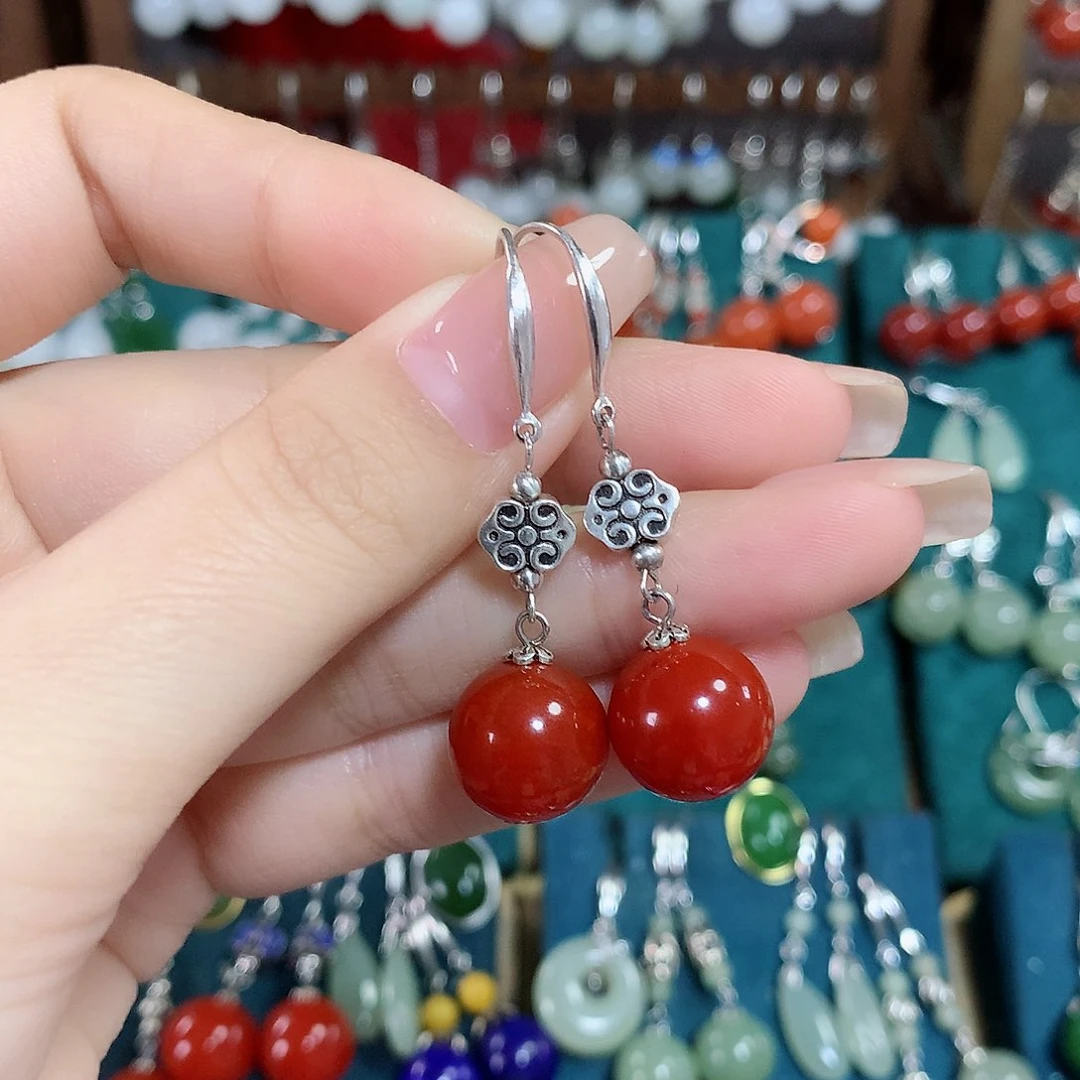 玛瑙/玉髓耳饰银S925镶嵌天然红玛瑙12mm左右（锦红）