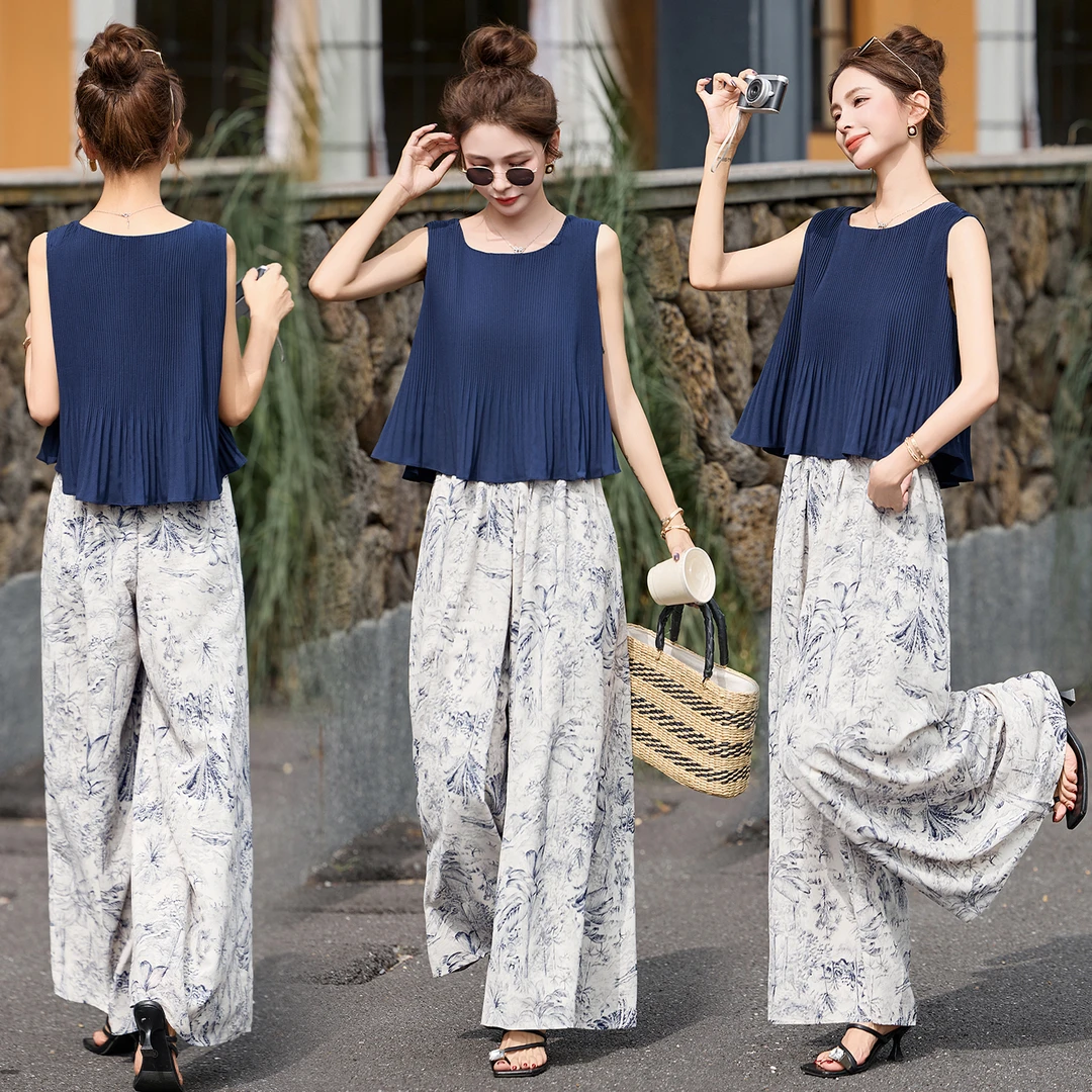 休闲印花无袖套装女2025夏季新款轻熟风洋气百搭薄款阔腿裤两件套