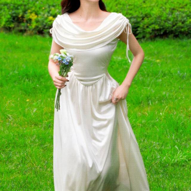 油画覆古礼服伴娘裙仙女裙法式宫廷设计感荡领连衣裙高级感小白裙