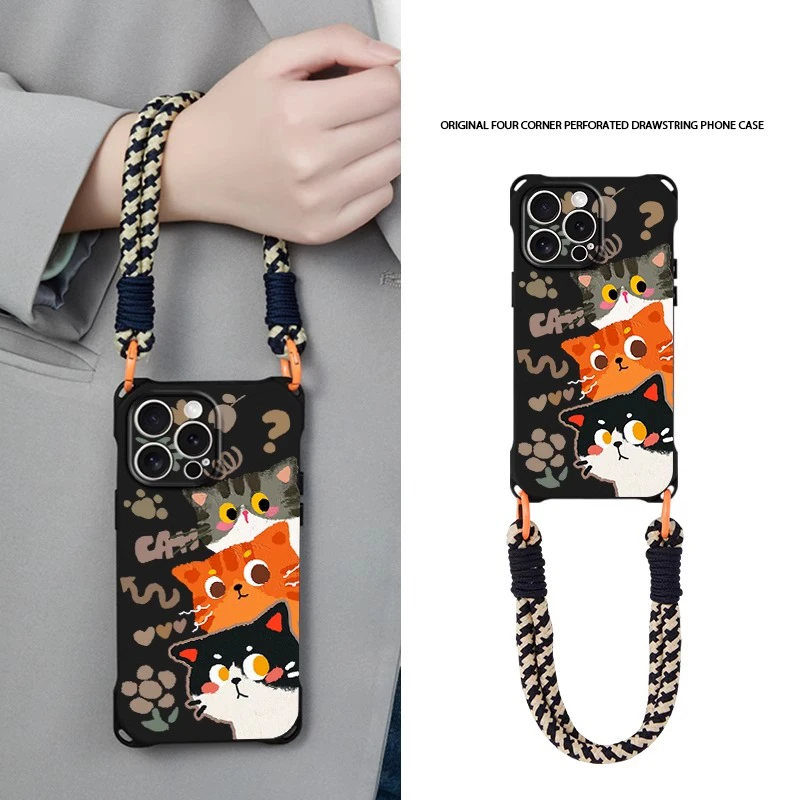 看看小猫适用苹果16手机壳iPhone15四角挂绳11PROMAX华为vivo情侣