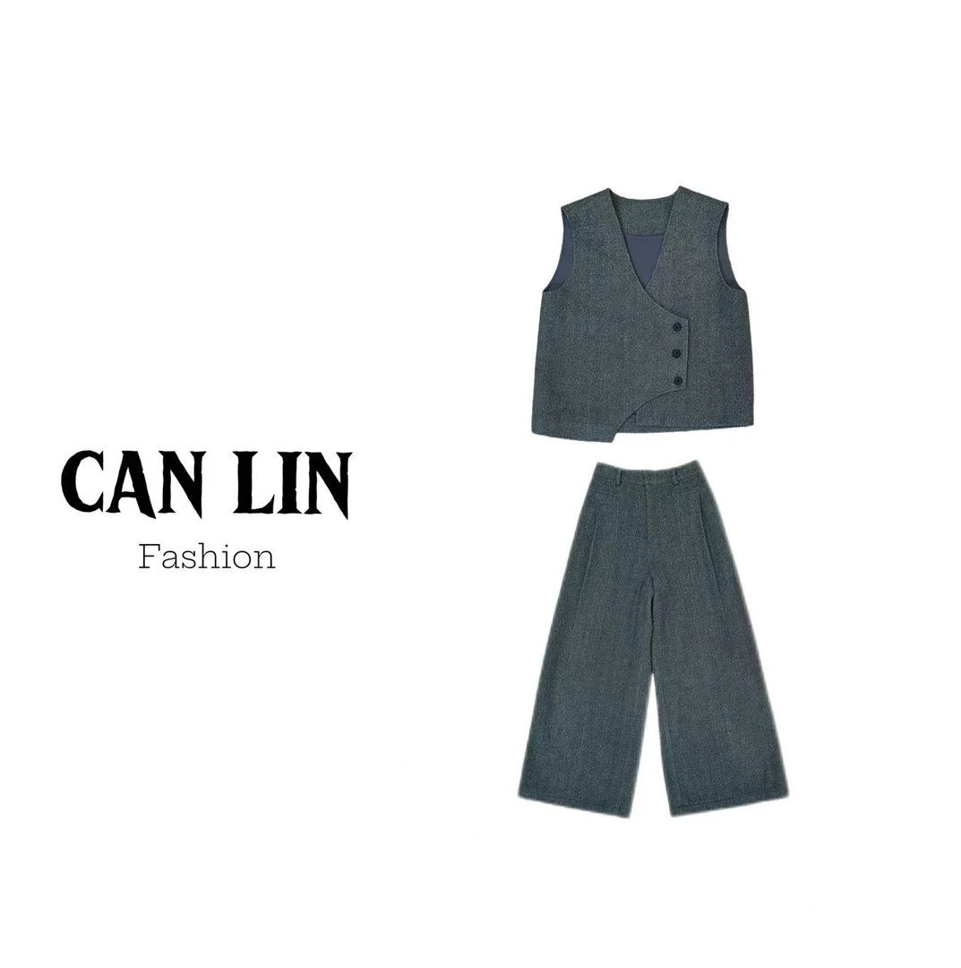 CAN LIN秋款V领不规则无袖马甲半松紧腰直筒裤羊毛套装【50%羊毛】