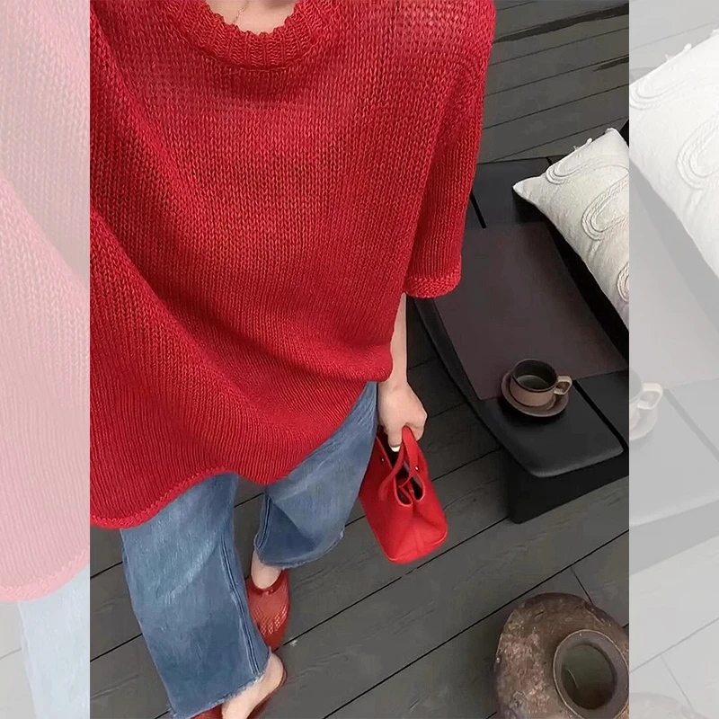韩系红色冰丝针织短袖正肩t恤女夏季小个子独特别致短款半袖上衣