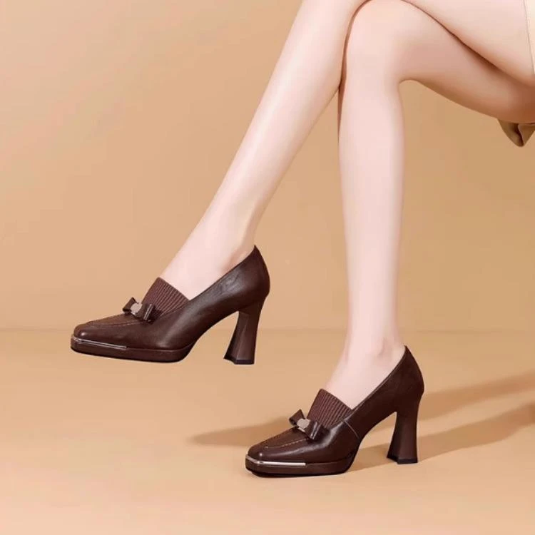 法式复古棕色真皮防水台高跟鞋女秋季新款蝴蝶结气质方头粗跟单鞋