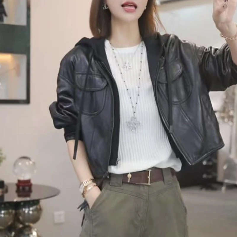 【机车女神】2025早秋新款时尚气质休闲百搭皮衣连帽外套女设计感