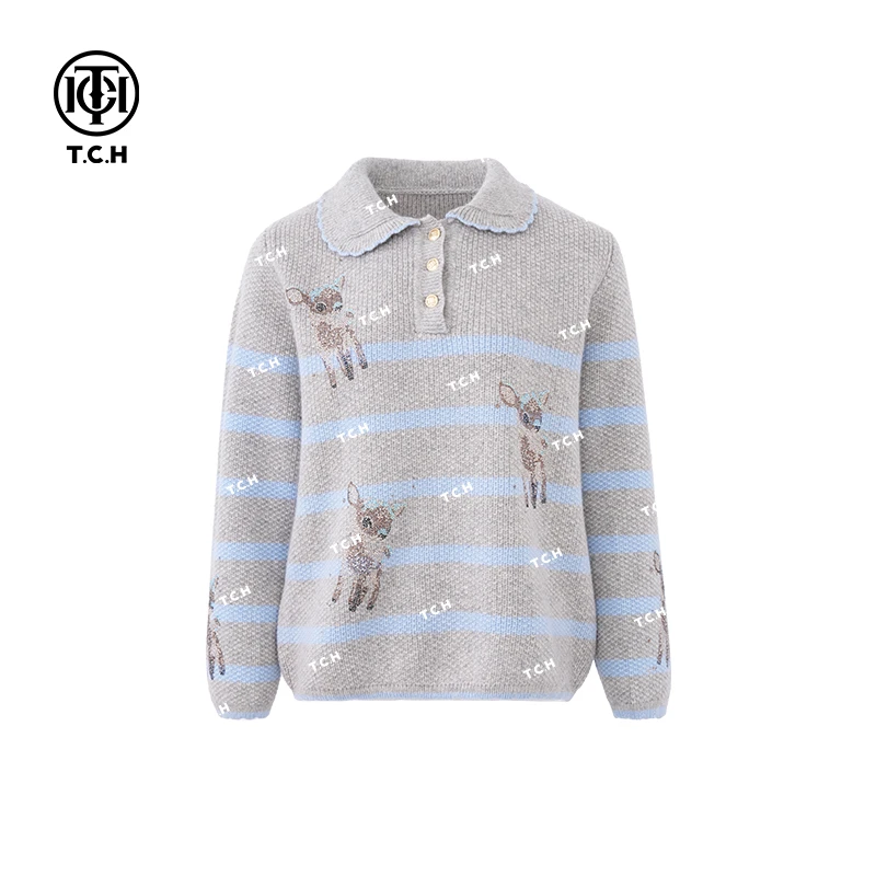 TCH潮牌25春条纹可爱梅花鹿烫钻针织衫T72C09E5200