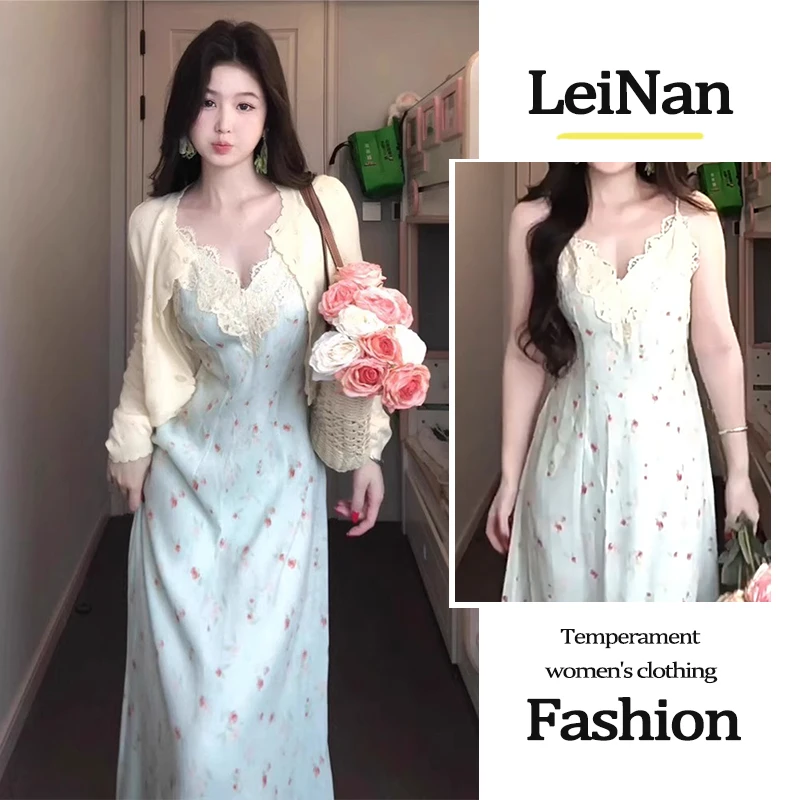 纯欲风独特设计套装裙2025夏季新款针织开衫吊带碎花连衣裙两件套