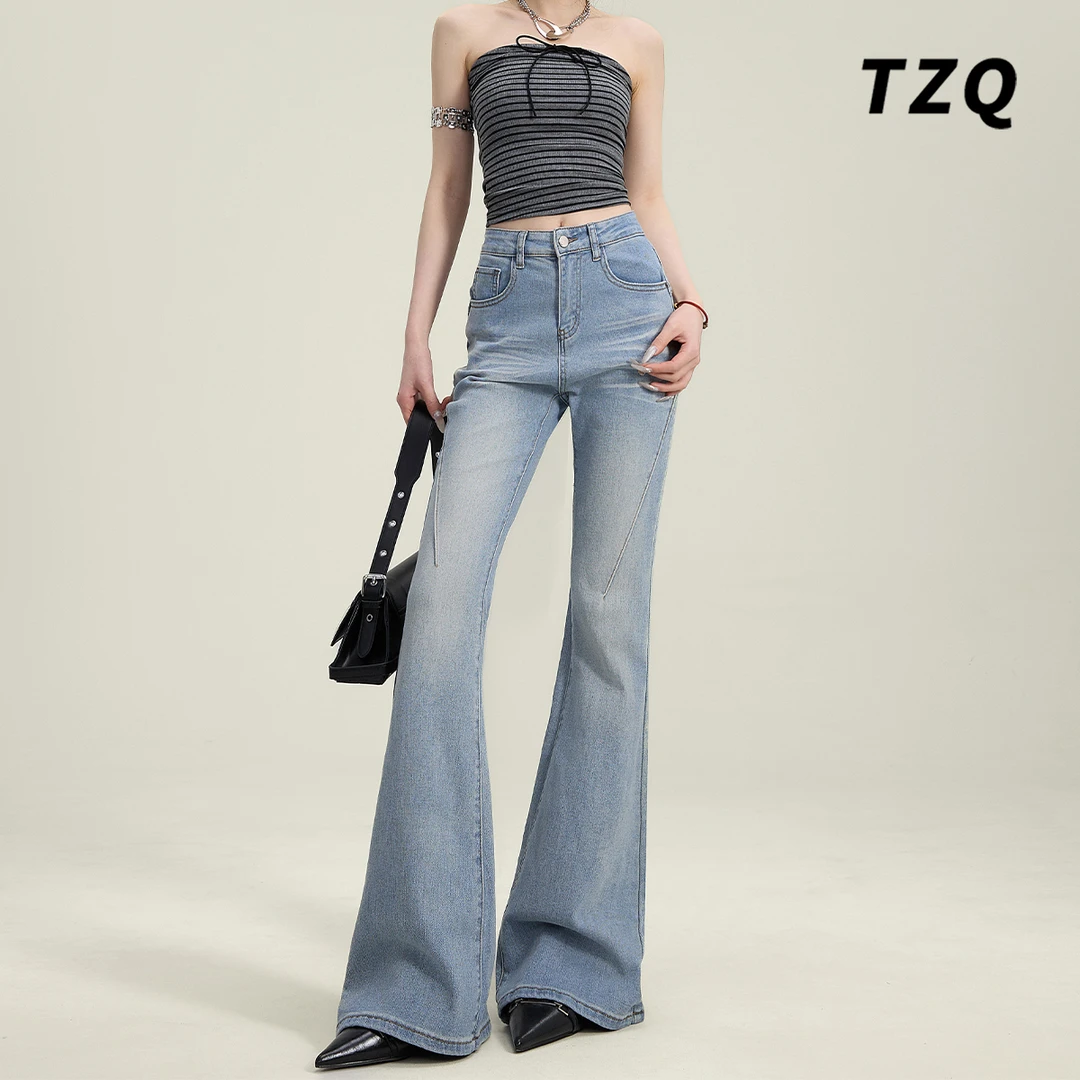 浅蓝色微喇牛仔裤女2025春季新款设计感高腰显瘦喇叭裤TZQ2521102