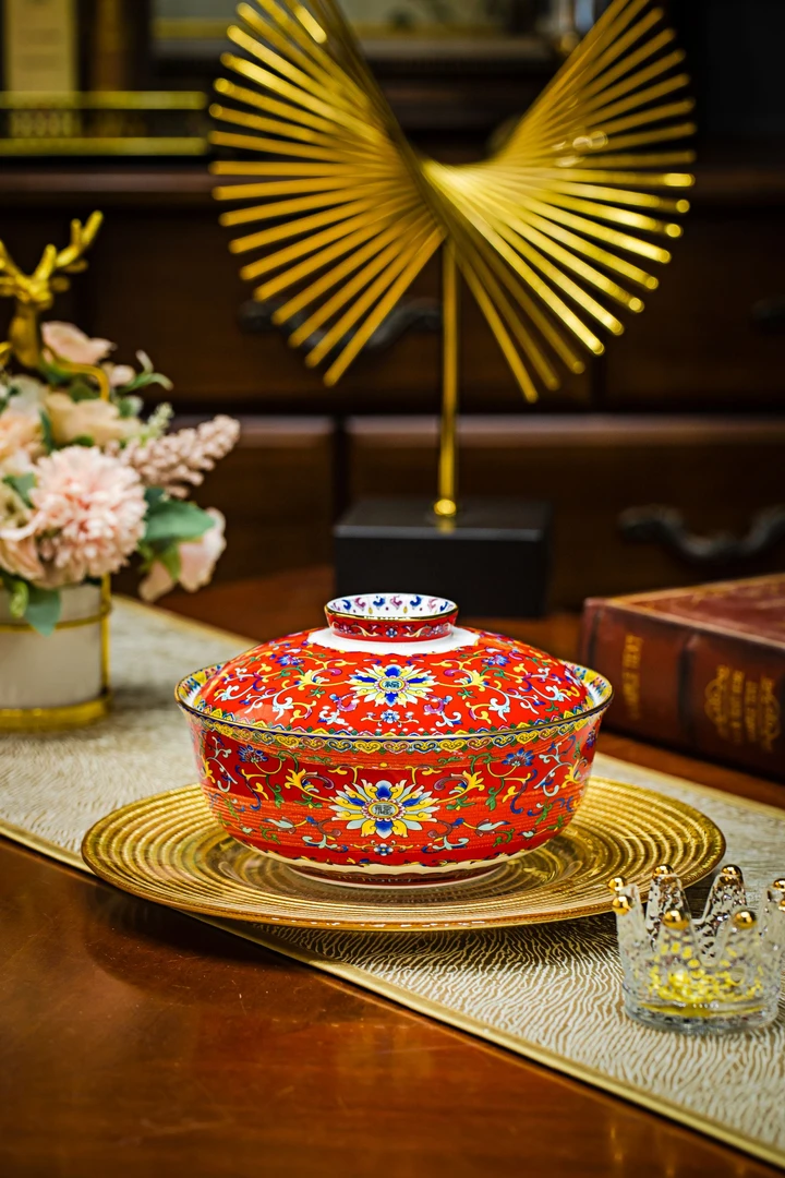 【1个装】中式陶瓷金福7英寸带盖汤盆（中国红）金边缠枝珐琅彩家用