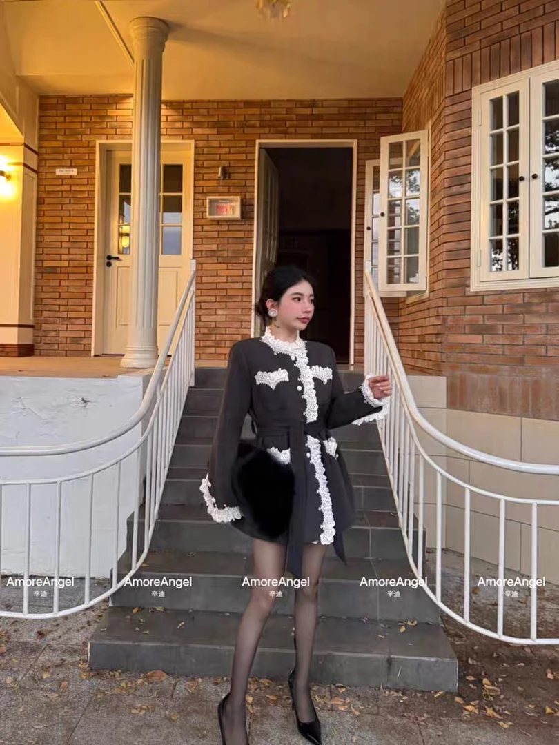 冬装新款韩系毛呢夹羽绒中长拼蕾丝花边时尚外套