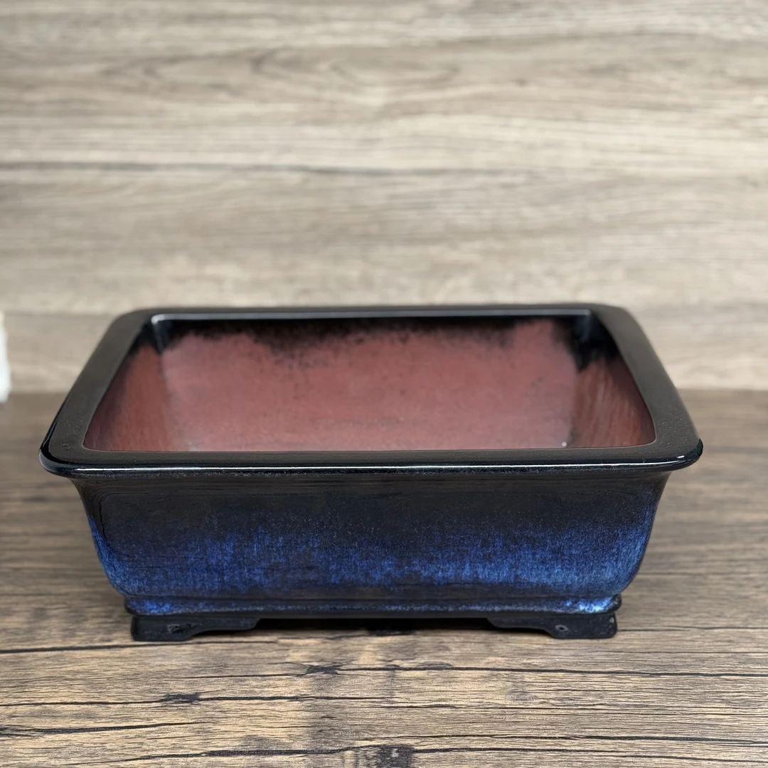 高温紫砂飘口长方釉盆、手工盆景盆，紫砂内胎、窑变蓝釉、紫砂花盆