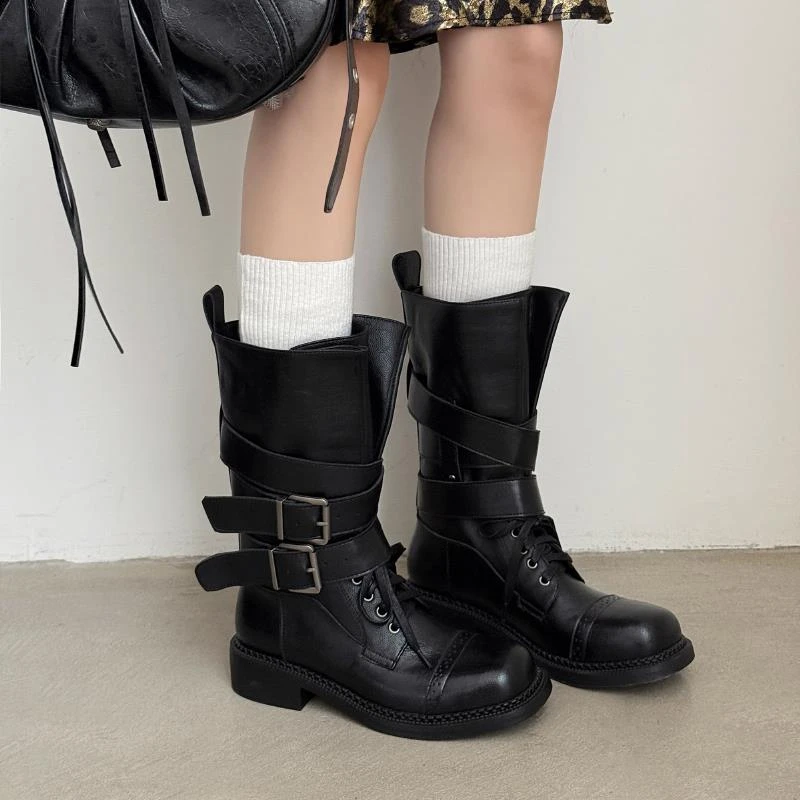 纯手工复古英伦风绑带马丁靴女粗跟中筒西部靴皮带扣短靴机车靴