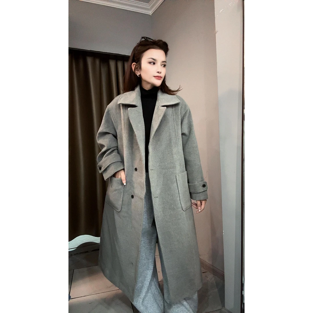 秋冬韩系高级感宽松中长款双面毛呢大衣外套女显瘦百搭