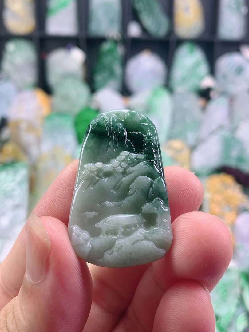 缅甸天然A货翡翠飘花小山水吊坠39.8-24.8-4.6