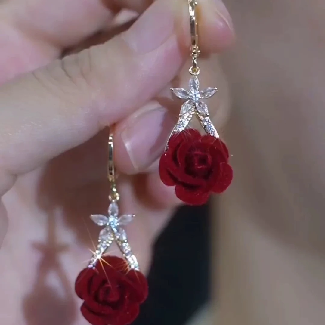 铜合金合成锆石耳饰  【15号】新款红色复古法式气质百搭设计感耳环