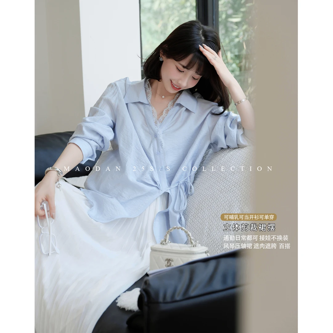 maodan/猫单【南法湖边】孕妇装春夏季可哺乳洋气短袖衬衫蕾丝拼接.