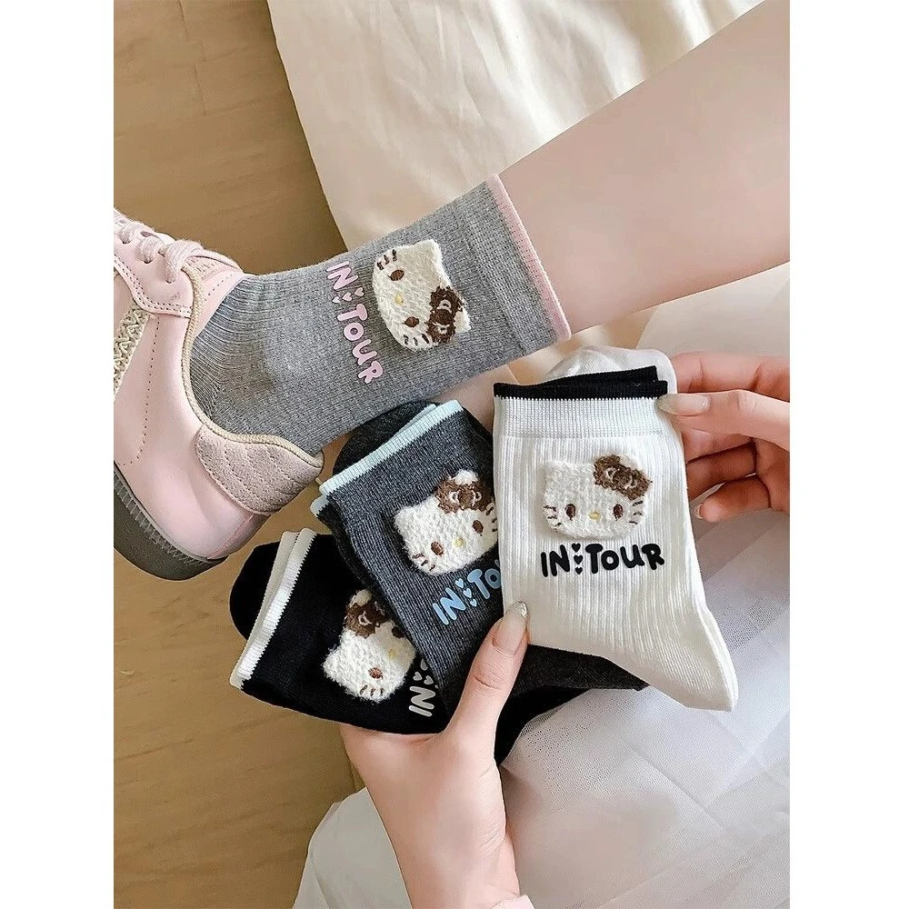 kt猫袜子女夏季韩版甜美可爱卡通日系学生中筒袜ins字母堆堆袜