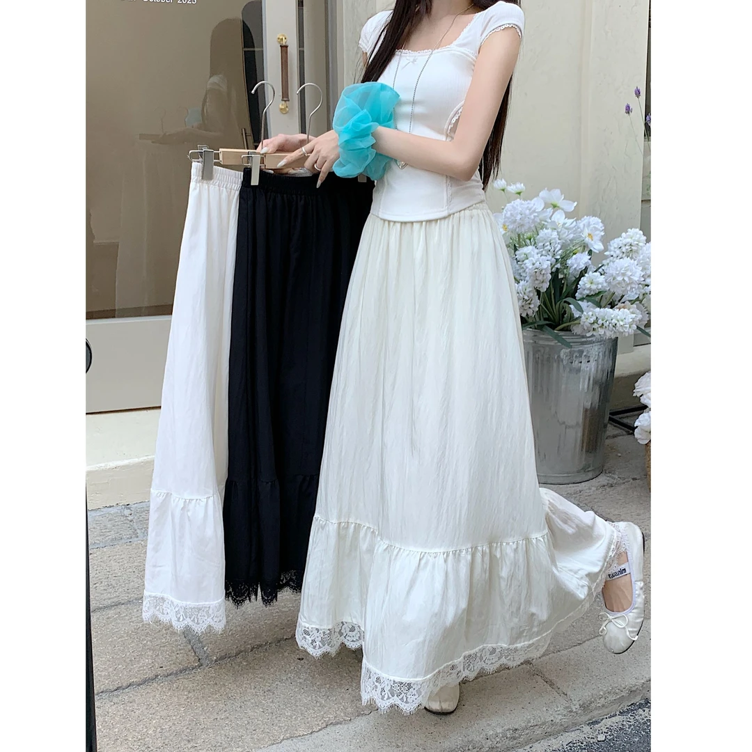 8051-春季新款显瘦微胖大码女装半身裙蕾丝白色气质高腰