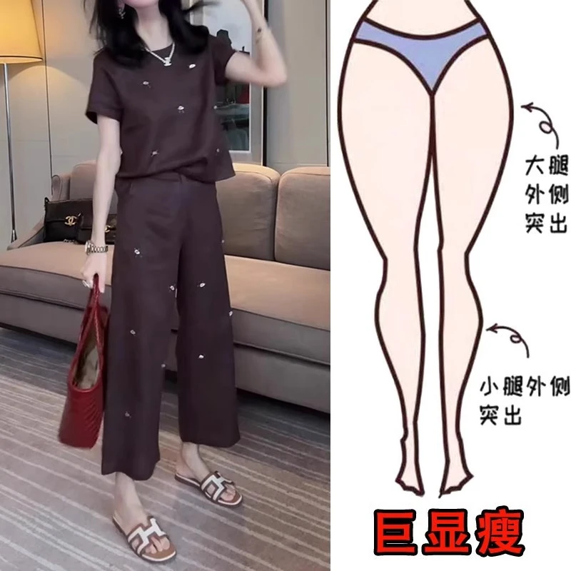 2025夏季薄款时尚休闲两件套装女宽松显瘦短袖上衣直筒休闲八分裤