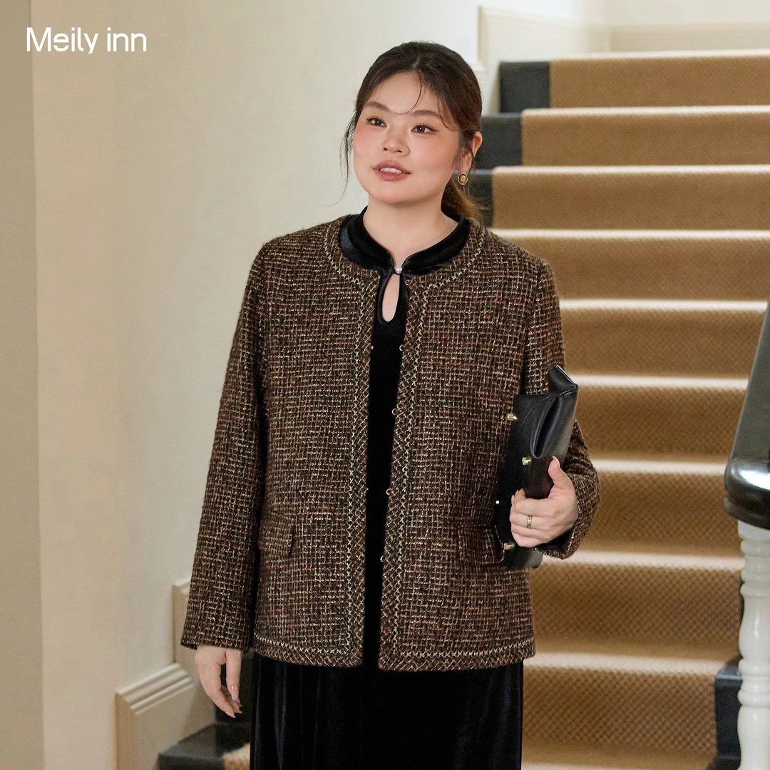 美丽客栈大码女装小香风羊毛法式气质外套2025冬新款胖mm短款上衣