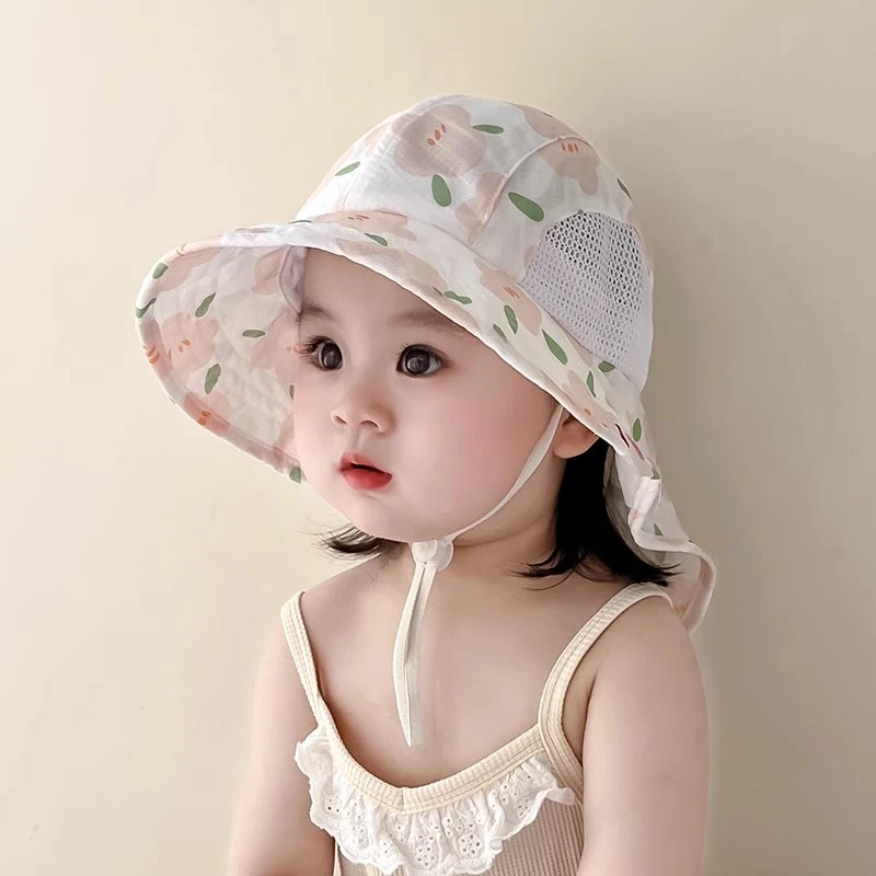 宝宝防晒帽子夏季薄款时尚大檐婴儿太阳渔夫帽女童网眼披肩遮阳帽