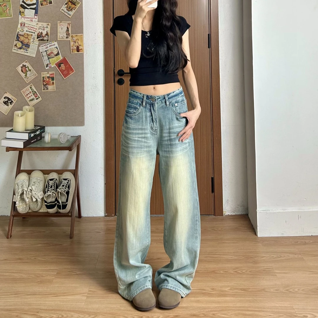 2025裤子网红款夏季牛仔裤女薄款中低腰复古百搭直筒阔腿裤拖地裤