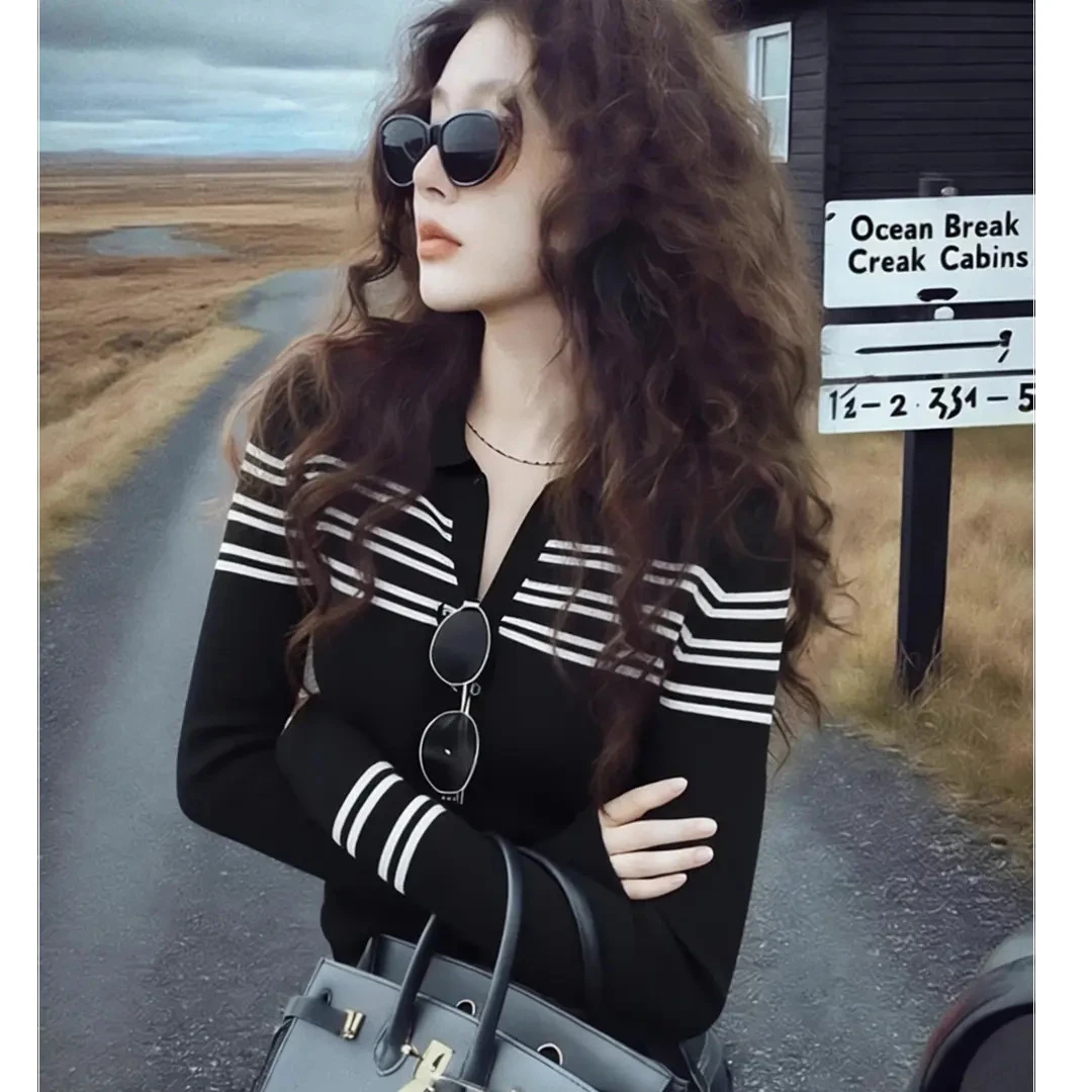 法式黑色高级感条纹半开领针织衫女秋冬气质百搭显瘦打底衫春外穿