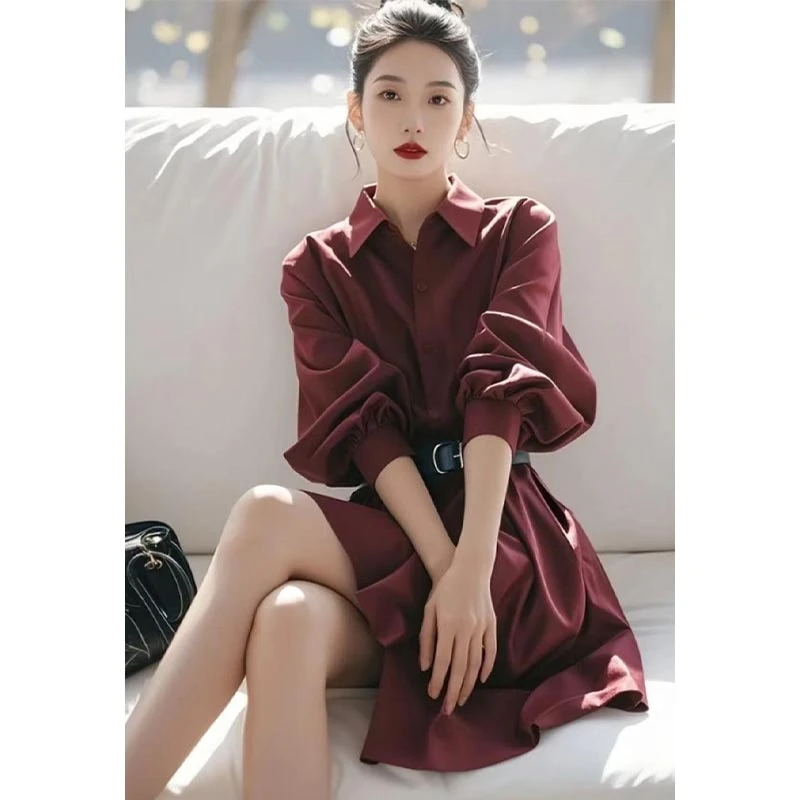 韩版纯色翻领长袖衬衫连衣裙女2025年春季新款减龄收腰中长款裙子