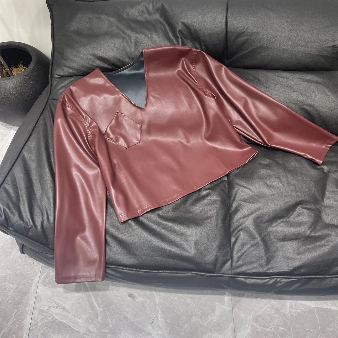 【晨浠定制】新款时尚百搭V领皮上衣2186