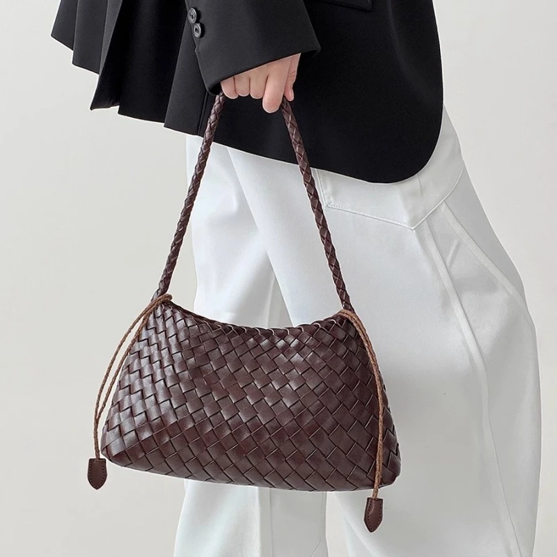 手工编织真皮腋下包大容量焦糖手提单肩包休闲小众复古纯色帆船包