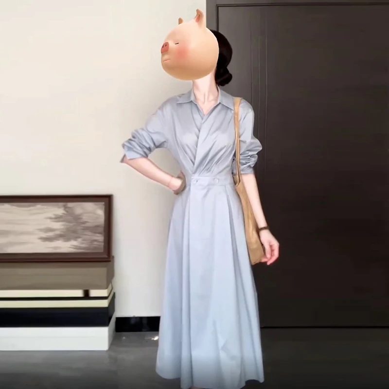 4882法式气质衬衫连衣裙子早初秋装女款2025年新款氛围感穿搭长裙