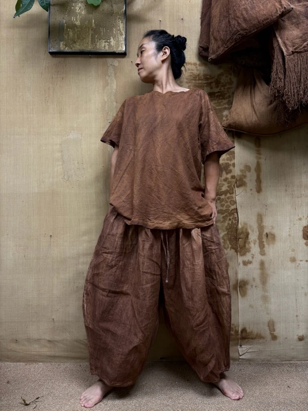植物染色亚麻柿染裤子（82裤长；臀围210厘米）