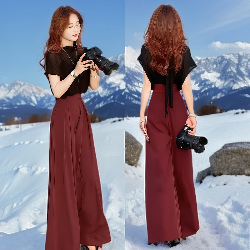 时尚套装女夏季2025新款显瘦雪纺衫高腰阔腿裤气质遮肉减龄两件套