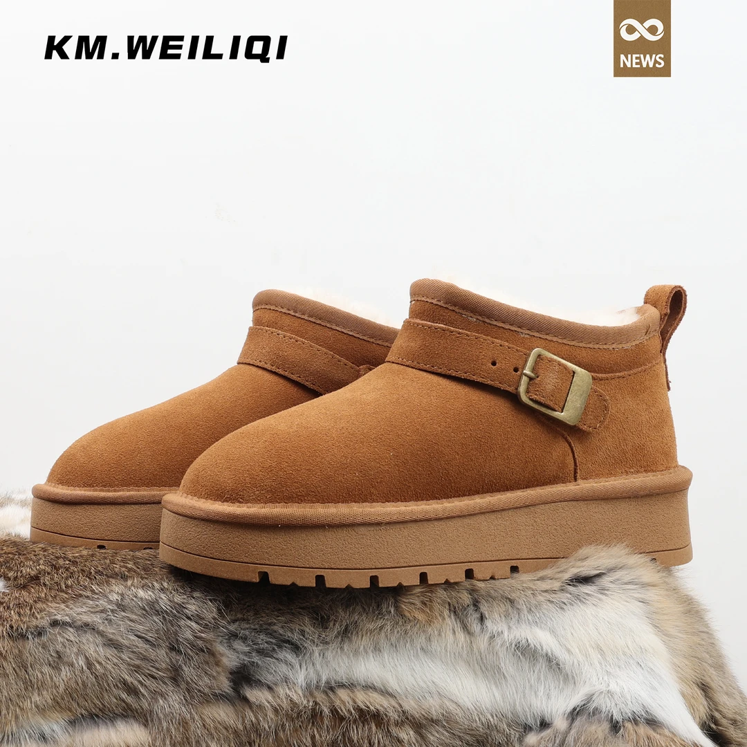 真皮羊毛雪地靴女皮带扣短筒厚底防滑保暖棉鞋冬季新款加绒加厚女