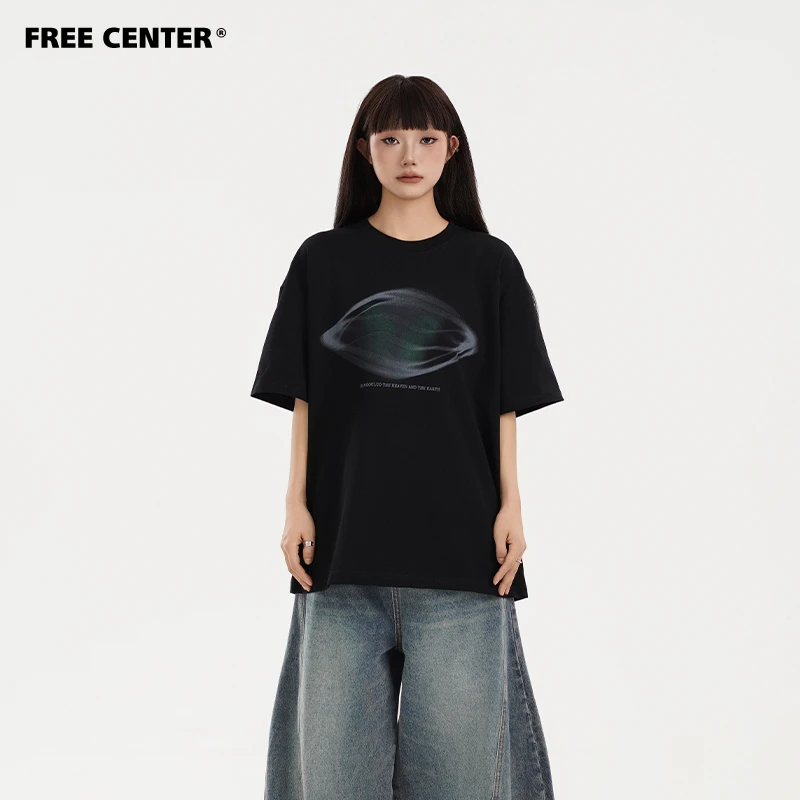 Free Center 美式潮牌涂鸦印花短袖T恤男女同款夏季宽松情侣半袖