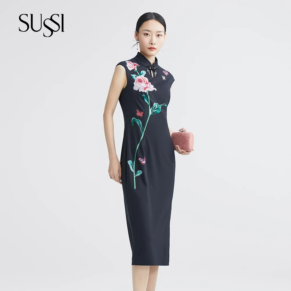 SUSSI/古色24夏商场同款青衣黑中式印花优雅知性中国风旗袍女装
