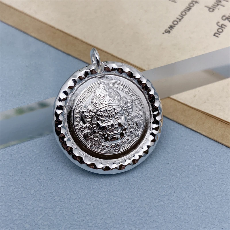 吊坠足银 9999黄财神坠圆牌实心纯银项链复古毛衣链男女情侣生日