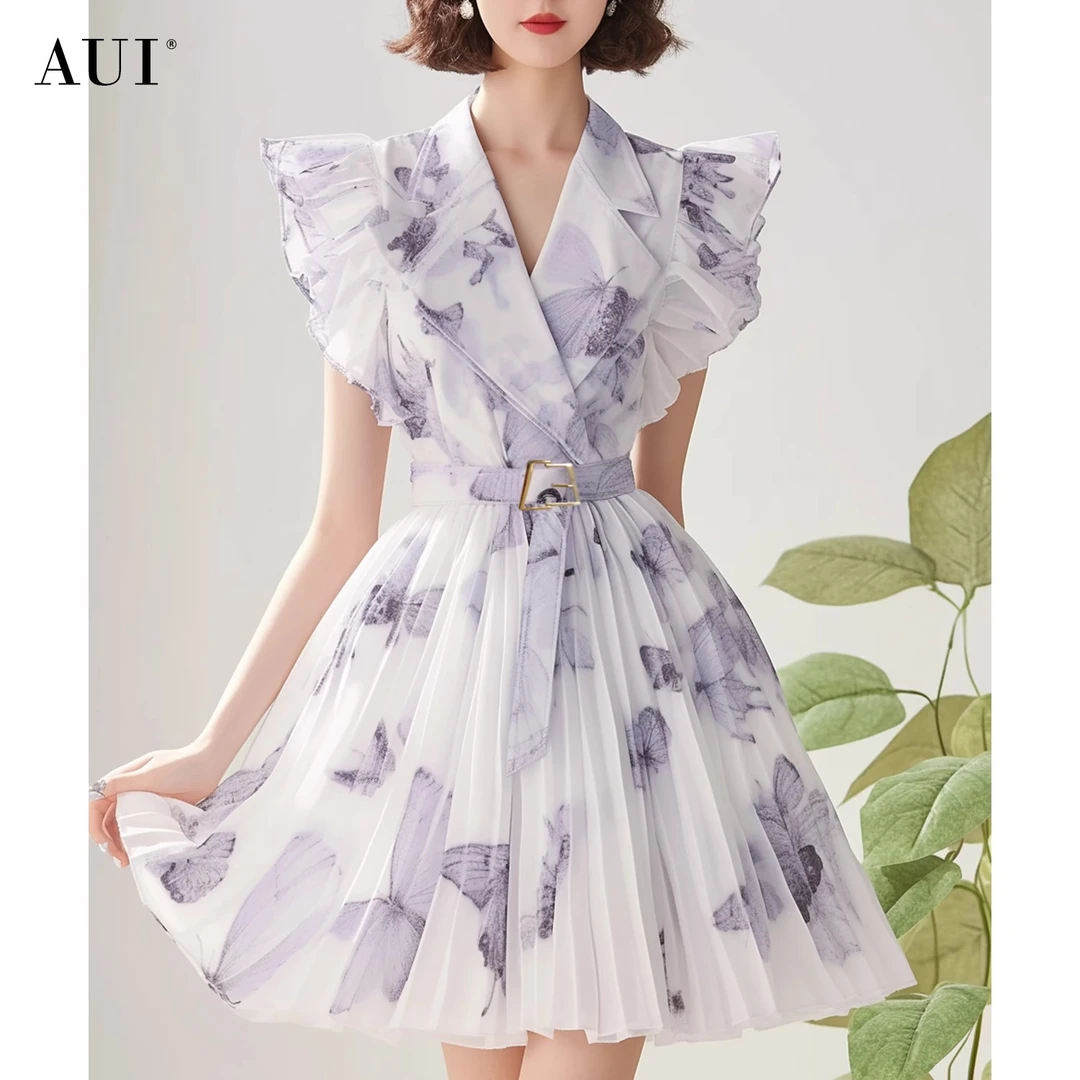 【AUI】AUI法式印花雪纺西装连衣裙收腰减龄百褶A字裙RG-24X014360