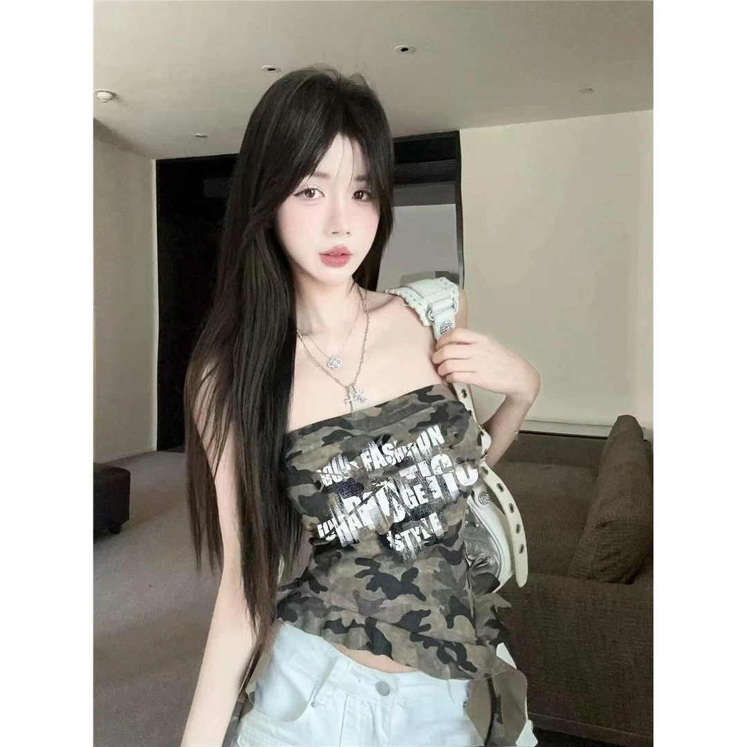 不规则迷彩吊带背心女夏季美式辣妹一字肩抹胸小上衣泰式独特