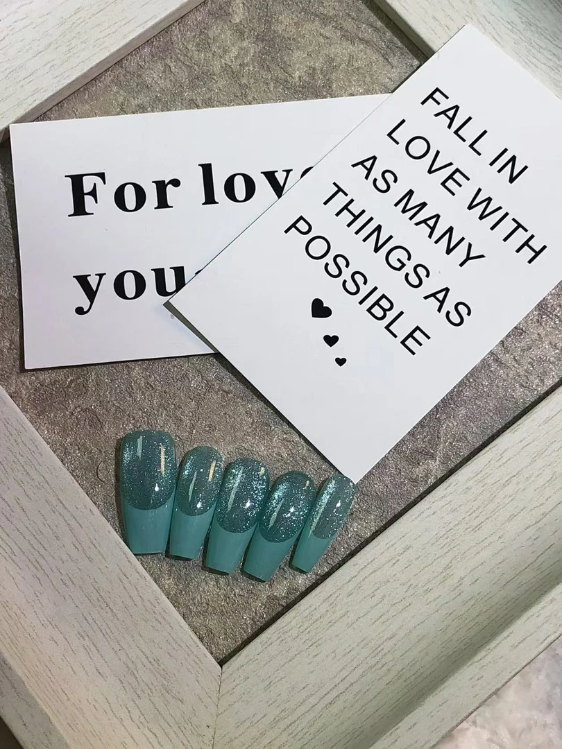 穿戴甲/冰川绿清新绿色中长款手工气质穿戴式冰透爆闪