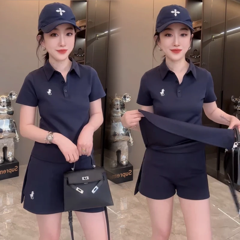 时尚风刺绣小马短袖polo领休闲女士套装夏季显瘦气质裤衩裙两件套