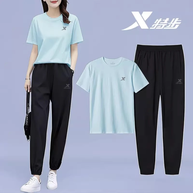 特步运动套装女士夏季新款透气速干跑步服修身显瘦短袖长裤两件套