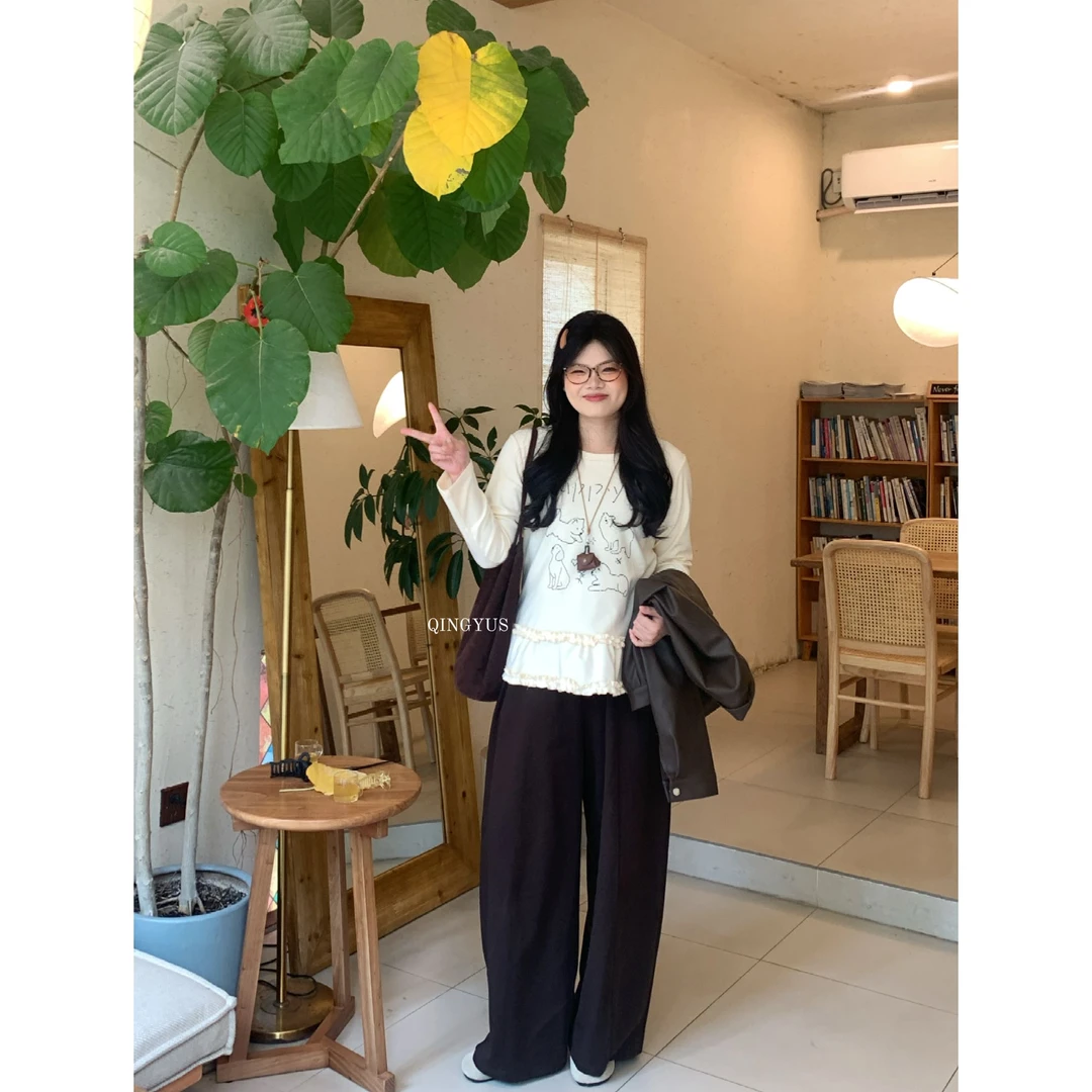 青屿衫「260g」微胖韩系气质百搭卡通印花德绒女秋季木耳拼接长袖T